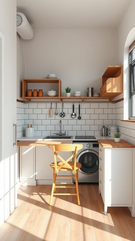 A modern kitchen featuring foldable furniture and organized storage.