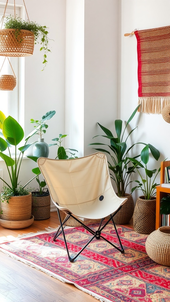A folding canvas chair placed in a boho living room, surrounded by plants and decorative items.