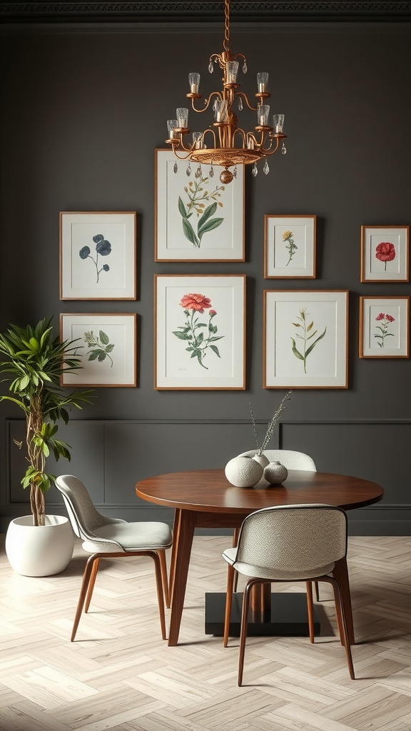 A cozy dining area featuring framed botanical prints on a dark wall, a stylish chandelier overhead, and a wooden round table with modern chairs.