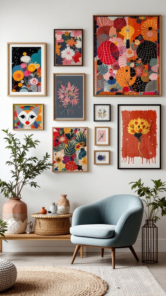A vibrant collection of fabric art displayed in frames on a wall, surrounded by plants and a cozy chair.