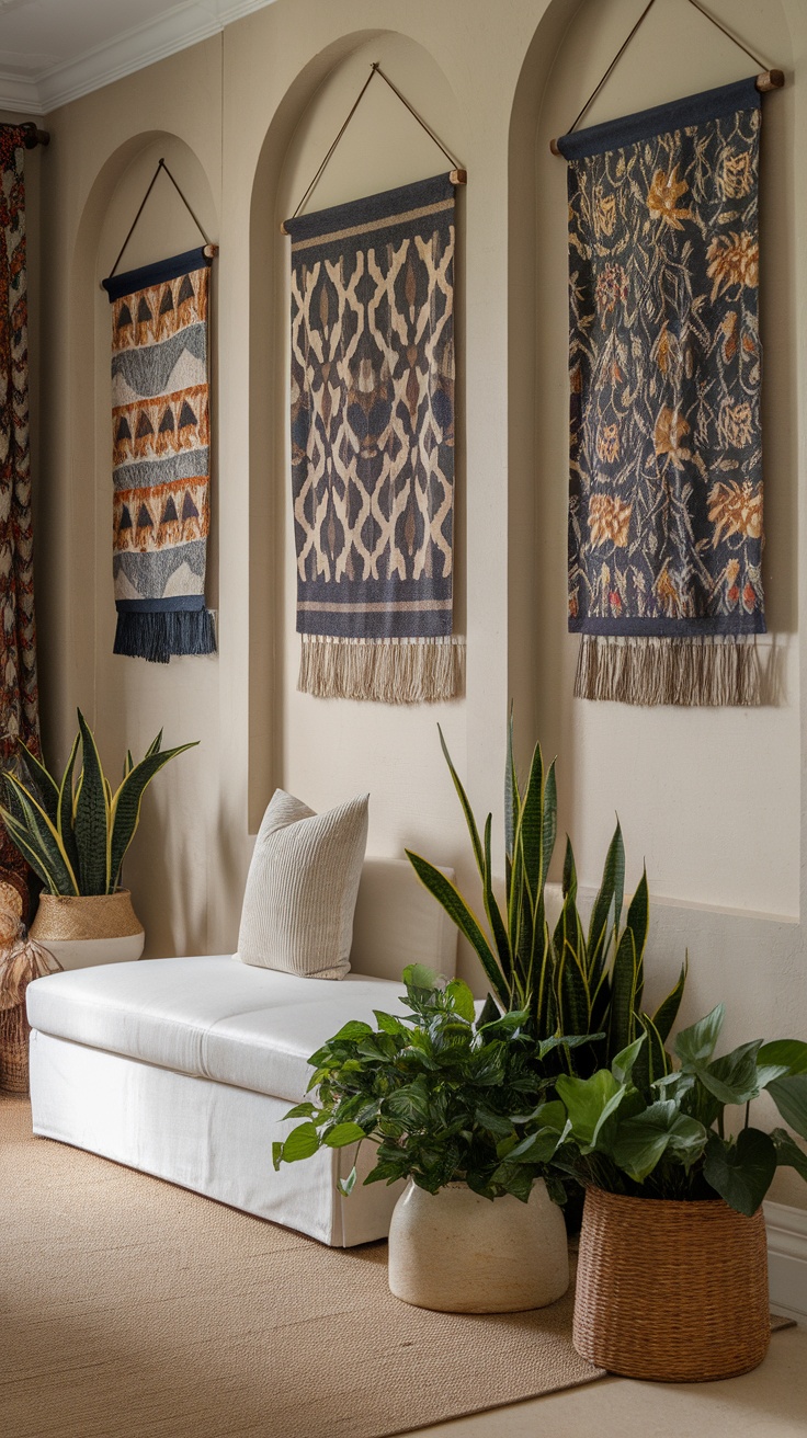 A framed fabric wall hanging depicting palm trees and a city skyline in a cozy living room setting.