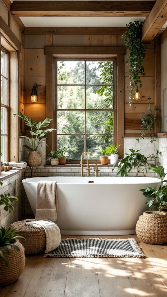 A bright farmhouse bathroom featuring a freestanding bathtub, potted plants, and a wooden ceiling