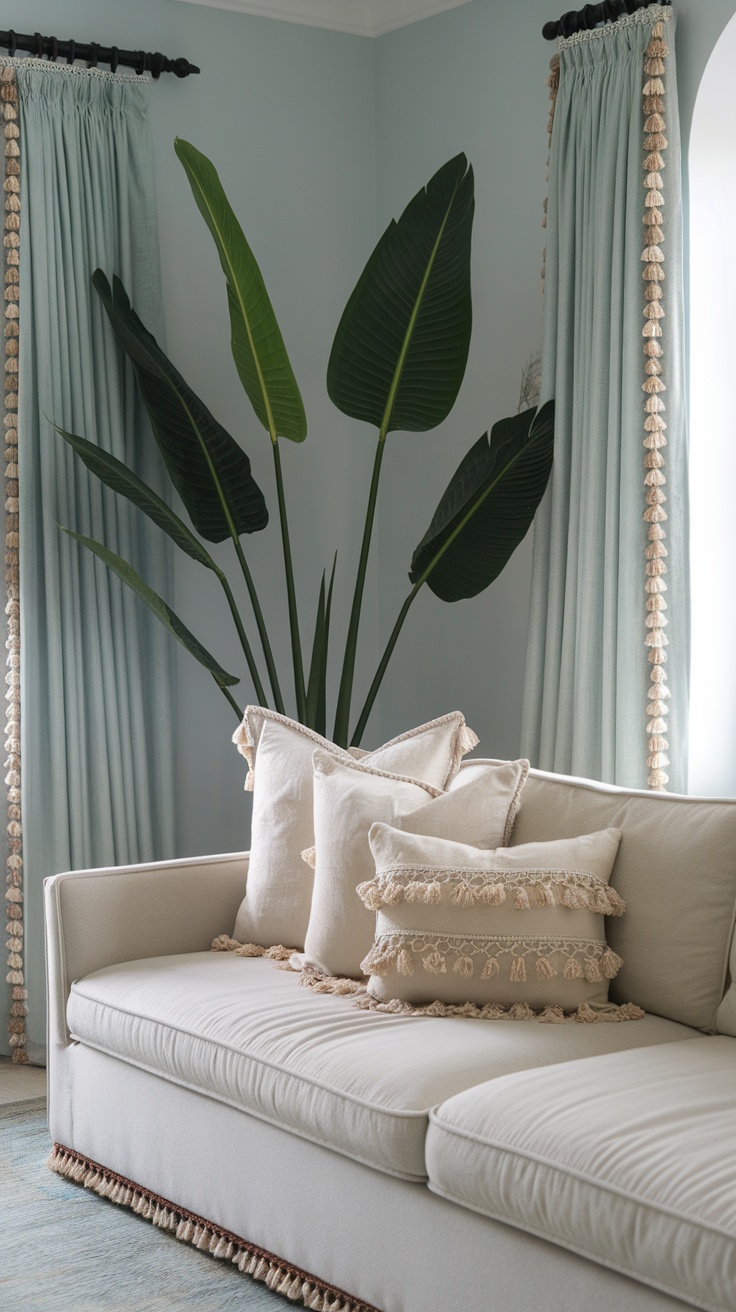 A cozy living room featuring curtains with tassels, a light-colored sofa with decorative pillows, and a small golden table.