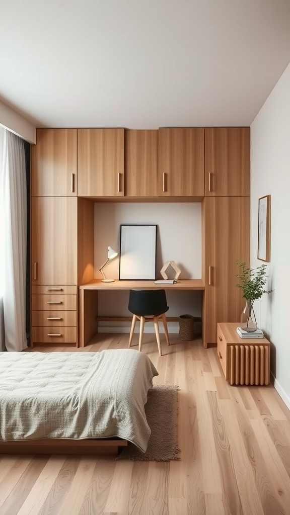 Minimalist bedroom featuring functional wooden furniture, a desk, and a cozy bed.