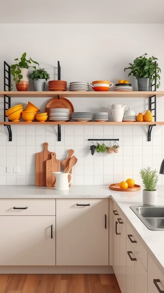 Scandinavian kitchen with open shelving displaying colorful dishware and potted plants.