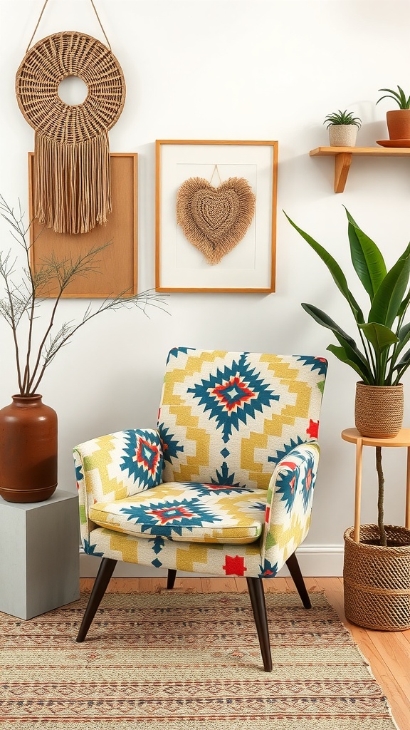 A colorful funky retro chair with a geometric pattern in a boho living room setting.