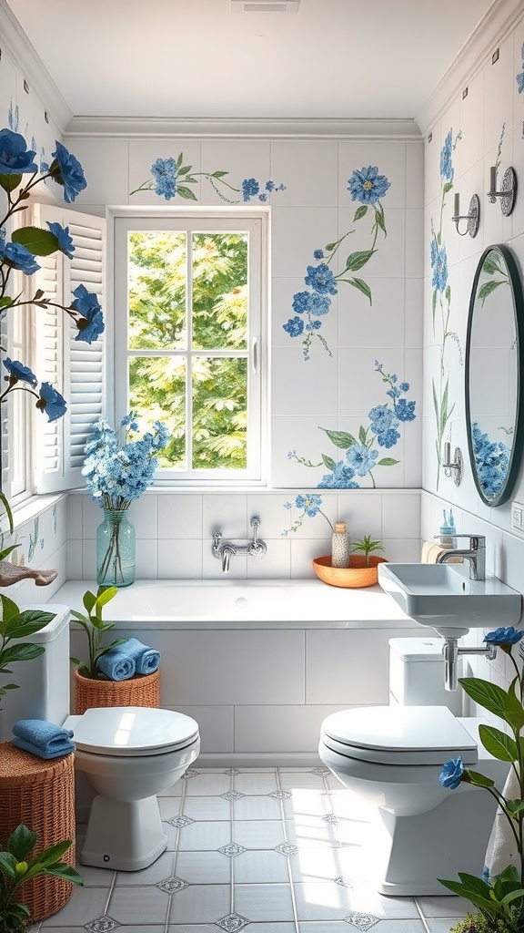 A bright bathroom featuring blue floral accents on white tiles, a window with natural light, and greenery.