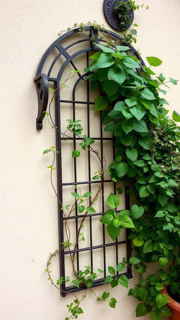 A black garden trellis mounted on a wall, covered with green vines and leaves.