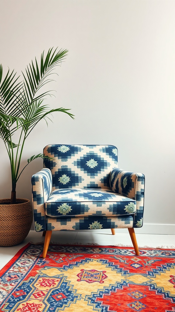 A geometric print lounge chair with blue and cream patterns, placed next to a potted plant on a colorful rug.