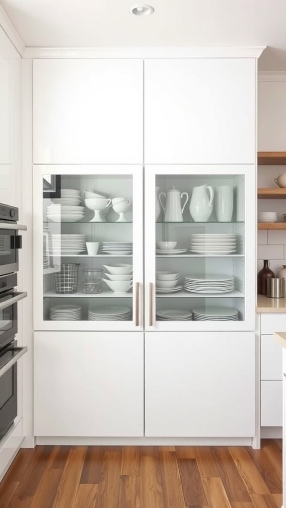 A kitchen cabinet with glass-front doors displaying neatly arranged white dishware.