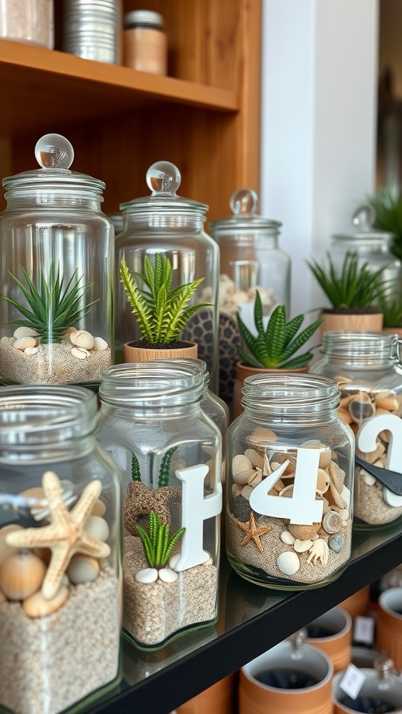A collection of glass jar terrariums featuring plants, sand, seashells, and decorative elements on a shelf.