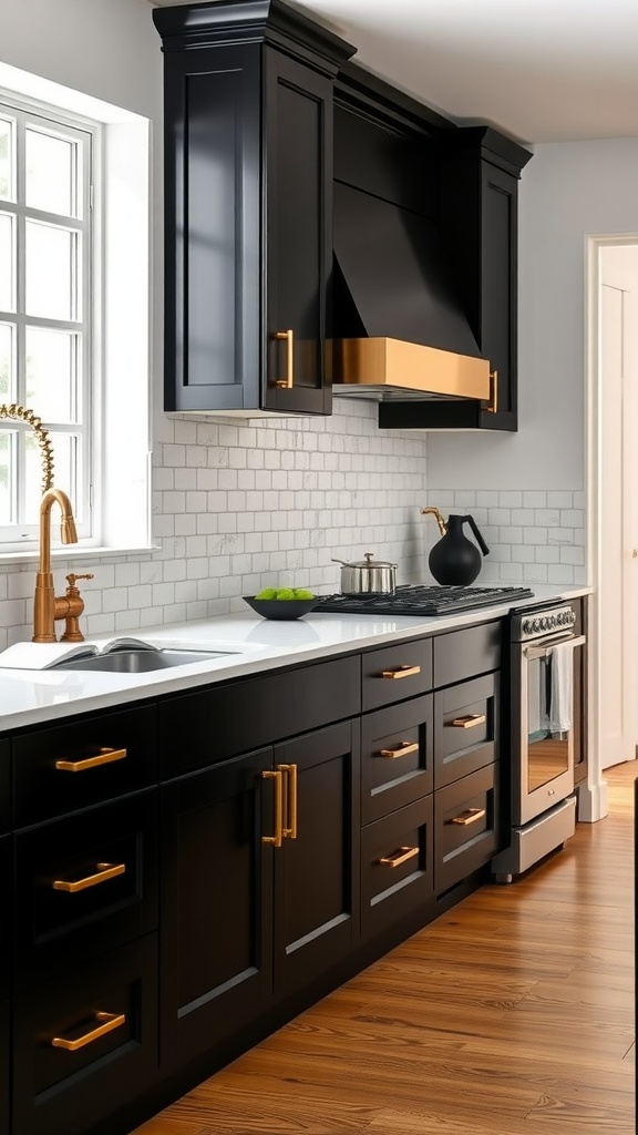 A modern kitchen featuring glossy black cabinets with gold hardware and a sleek countertop.