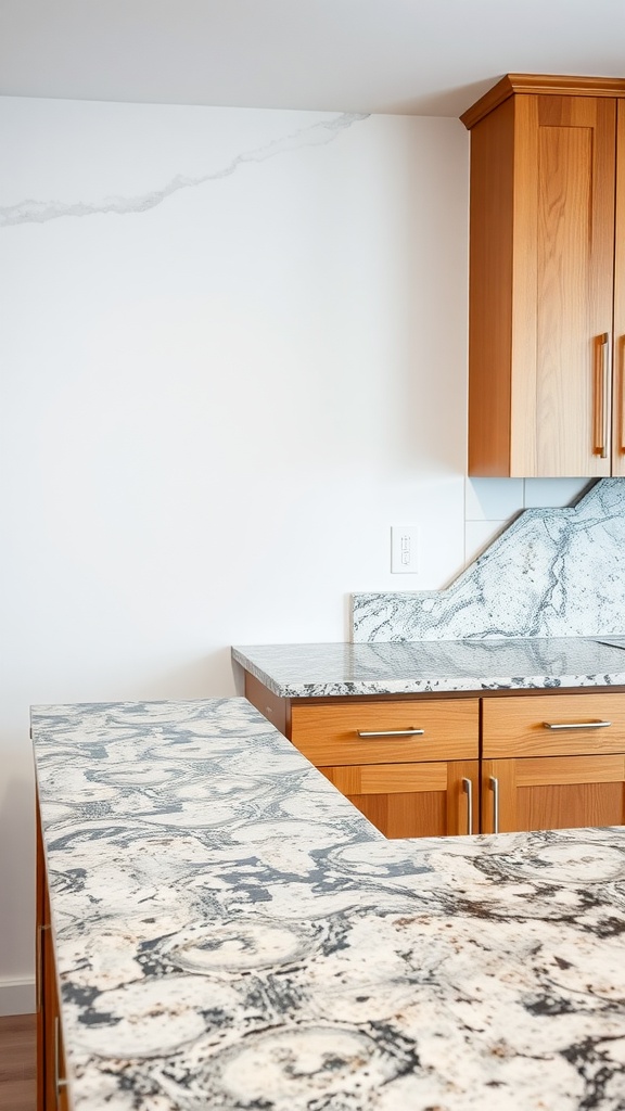 Granite countertops with natural patterns in a modern farmhouse kitchen