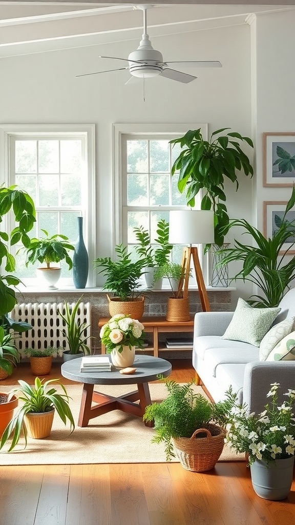 A cozy farmhouse living room featuring various indoor plants arranged around a light sofa and a coffee table.