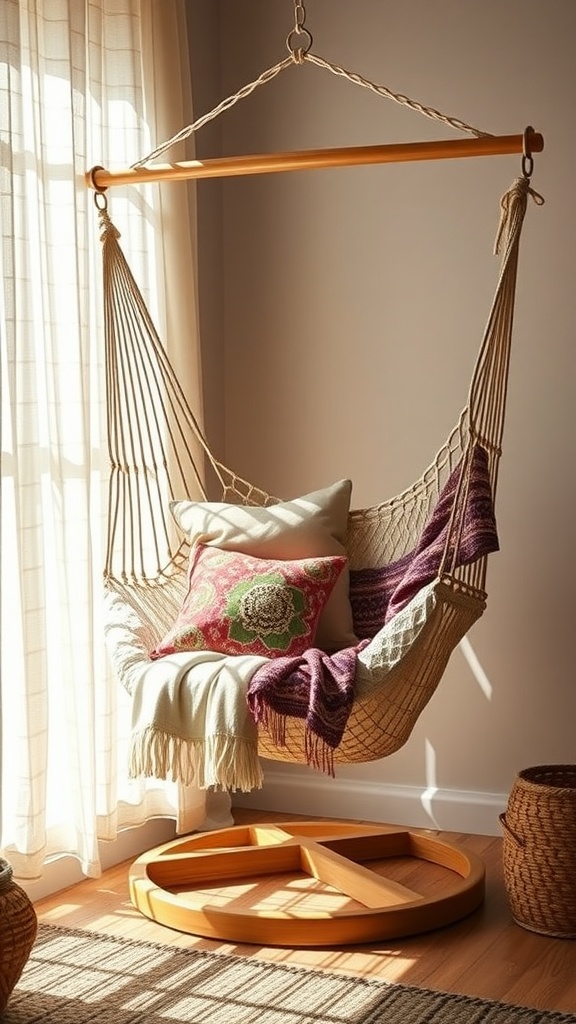 Cozy hammock chair with a stand, decorated with a colorful pillow and blanket, in a bright room.