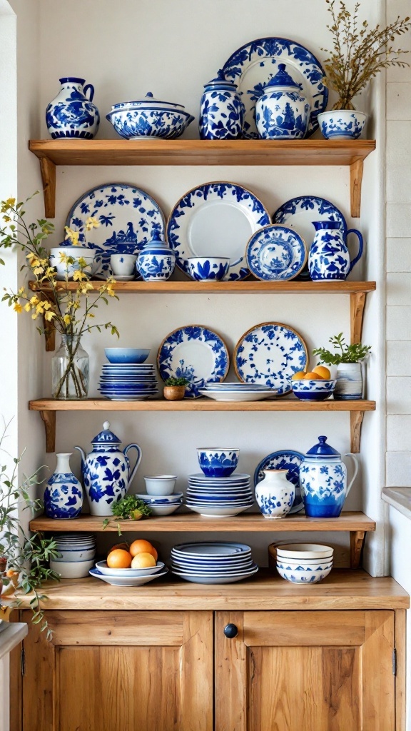 A collection of hand-painted blue ceramics displayed on wooden shelves, featuring various plates, bowls, and pots