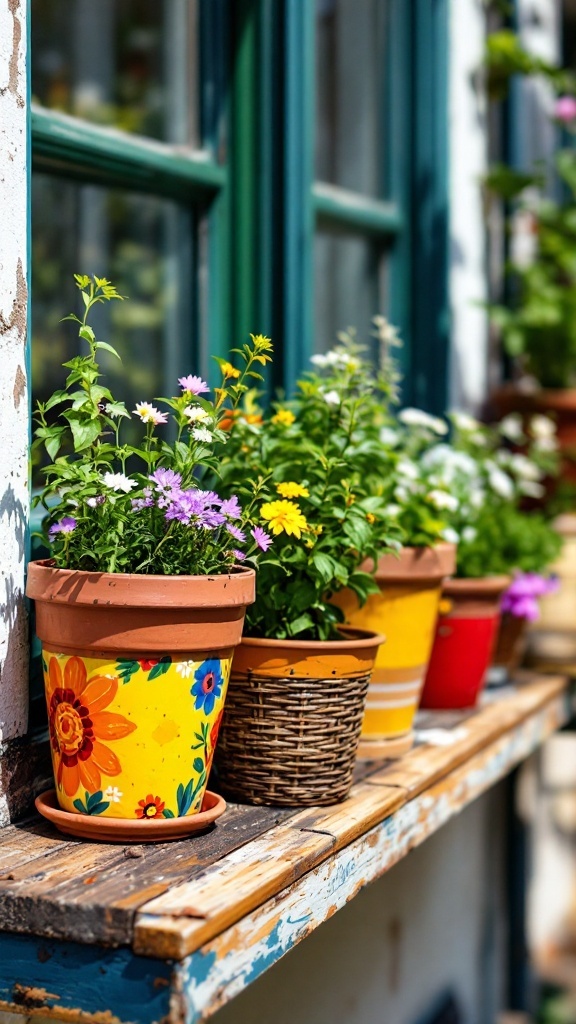 Colorful hand-painted flower pots with flowers on a shelf