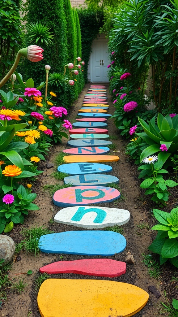Colorful hand-painted garden stepping stones leading through a flower-filled garden