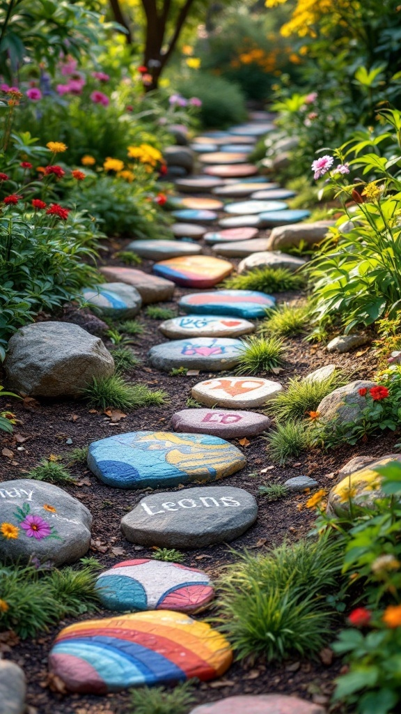 Colorful hand-painted garden stones arranged along a flower path in a vibrant garden.