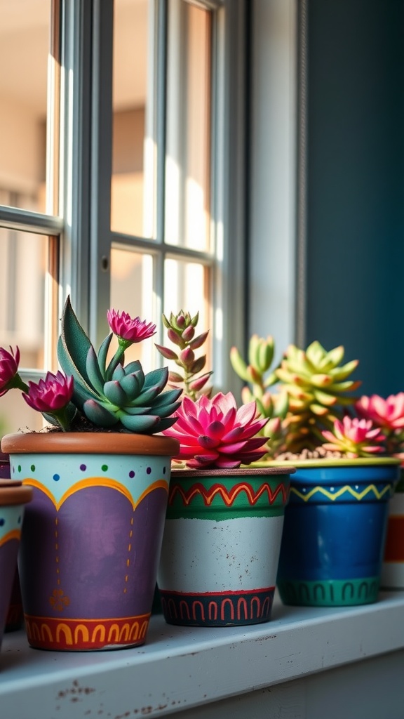 Hand-painted terracotta pots with succulents and colorful designs, placed on a windowsill
