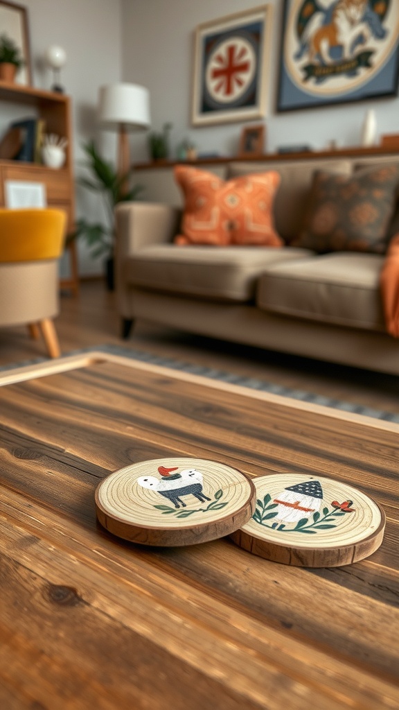 Two hand-painted wooden coasters on a wooden table, showcasing charming designs.