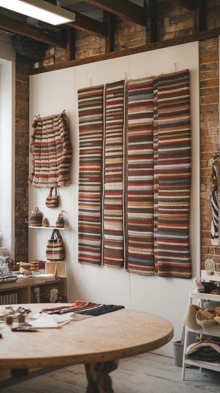 Colorful hand-stitched wall decor with various textures and designs.