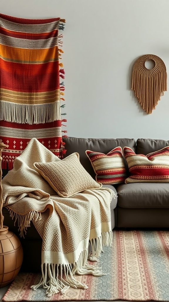 A cozy farmhouse living room with handcrafted textiles, featuring a knitted throw, colorful wall hanging, and patterned cushions.