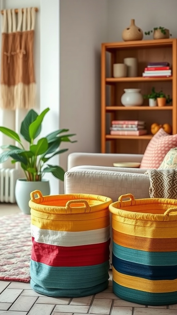 Vibrant handmade fabric baskets in a cozy living room setting