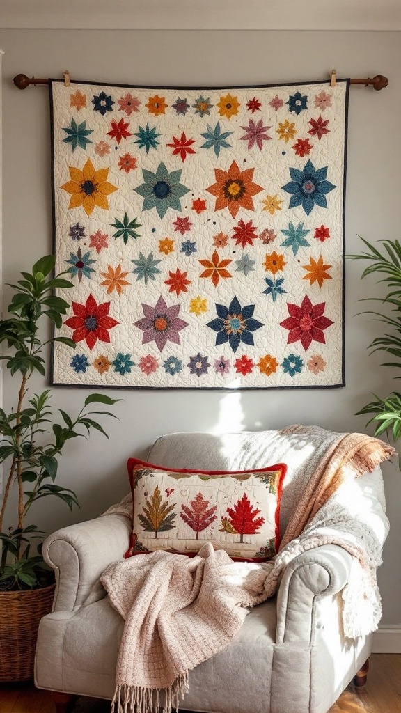 A colorful handmade quilted wall hanging featuring floral patterns, hanging above a cozy armchair with pillows and a throw blanket.