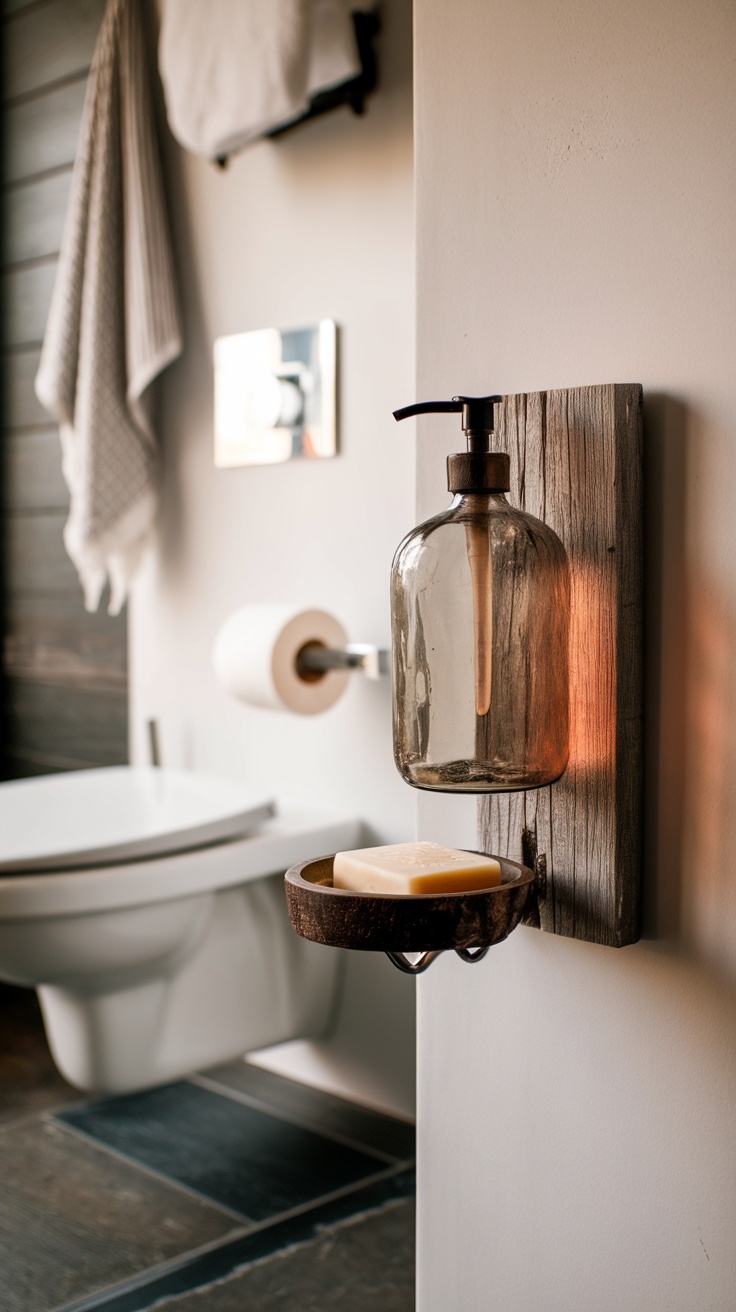 A stylish amber glass soap dispenser with a pump next to a smaller white and wooden soap dispenser on a bathroom counter.