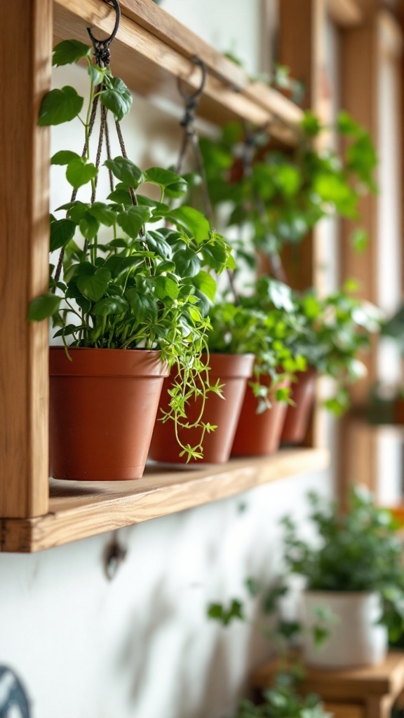 A row of hanging potted herbs on a wooden shelf