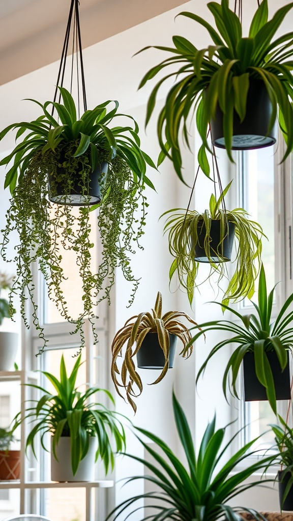 A bright room with multiple hanging plants in black pots.