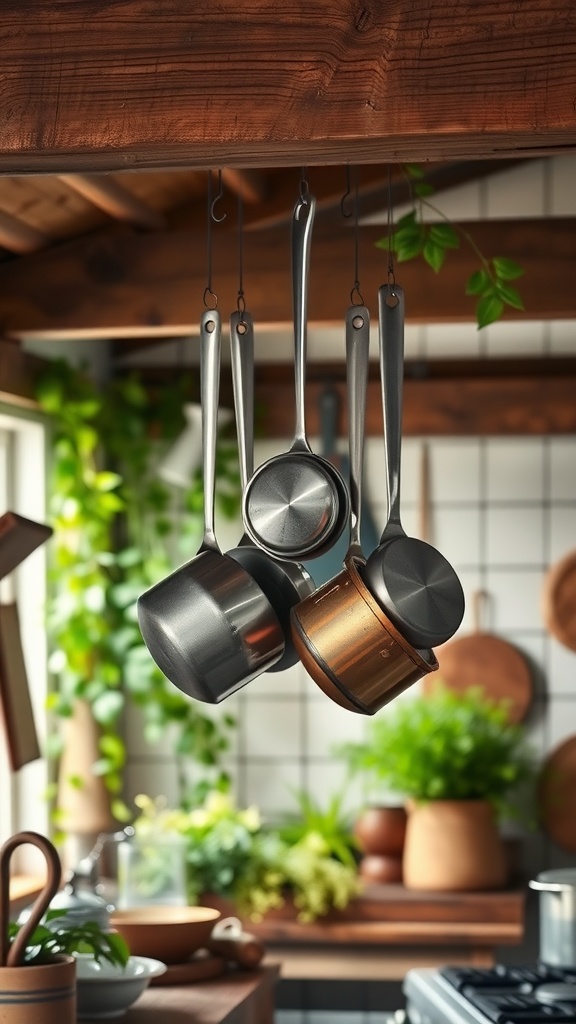 Hanging pots and pans in a cozy kitchen setting with green plants.