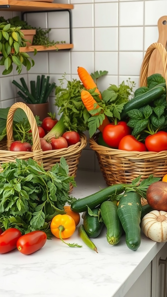 A kitchen scene featuring wicker baskets filled with fresh vegetables like tomatoes, carrots, and zucchini, set on a kitchen countertop.