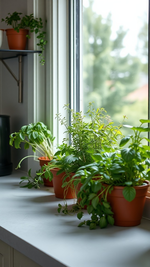 A sunny kitchen windowsill with various potted herbs, showcasing a vibrant and inviting atmosphere.