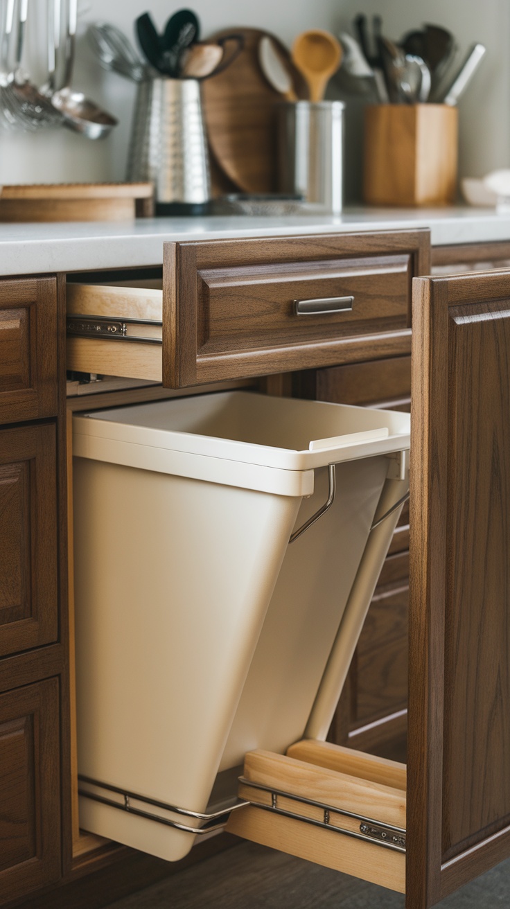 A kitchen drawer with hidden trash bins.