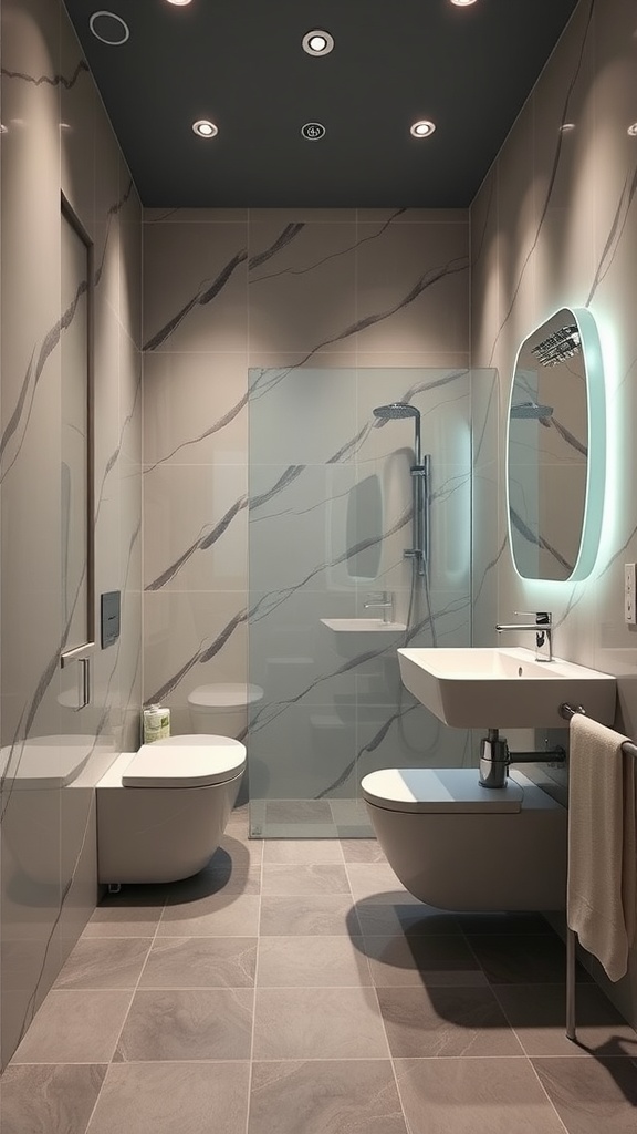 A modern bathroom featuring sleek design, glass shower, and integrated lighting.
