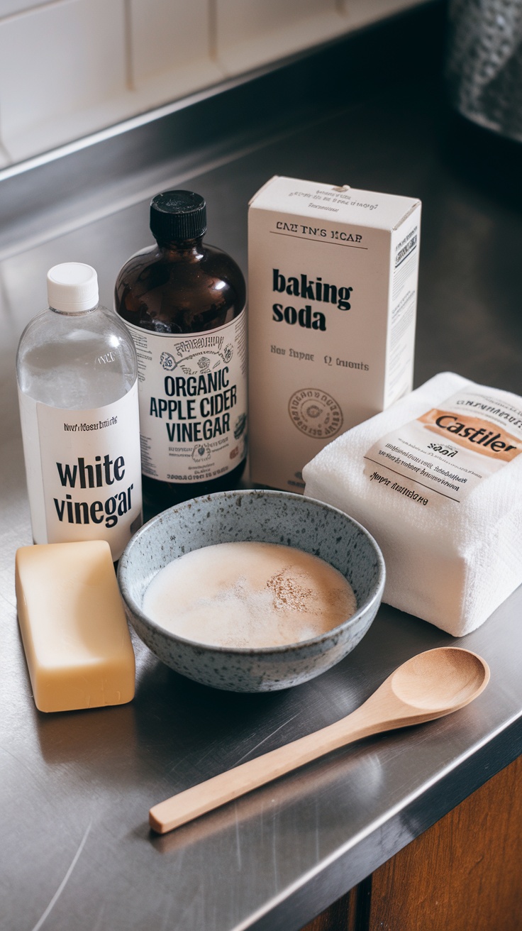 Ingredients for homemade natural wall cleaner displayed on a kitchen counter