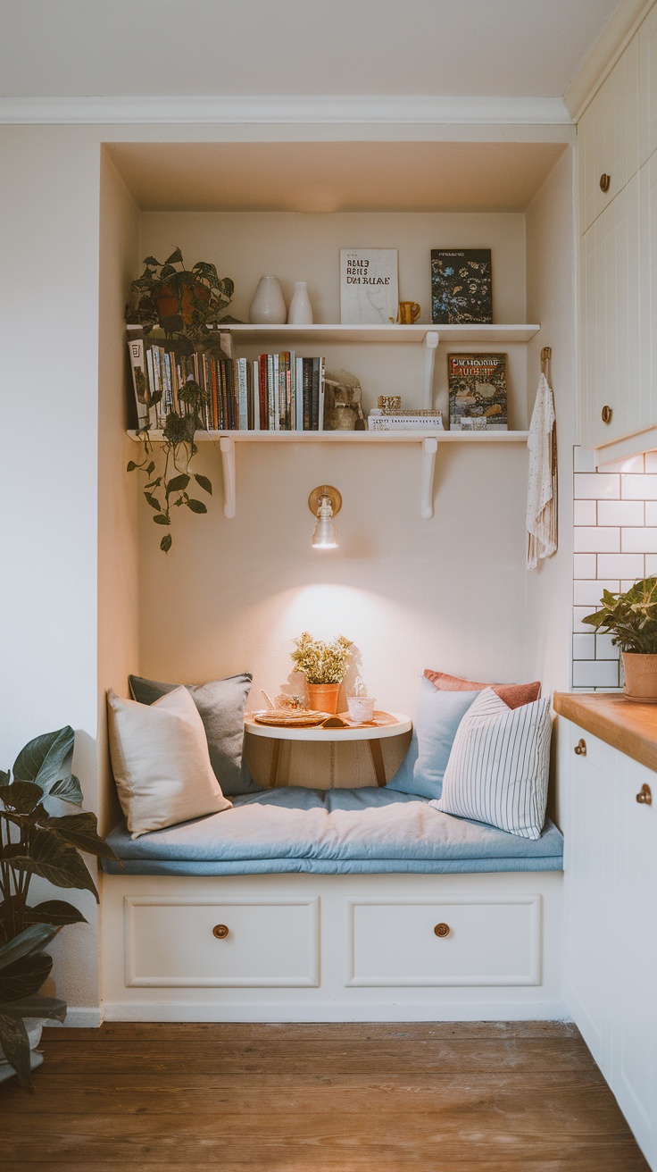A cozy kitchen nook with plants, pillows, and a wooden table, showcasing Scandinavian design.