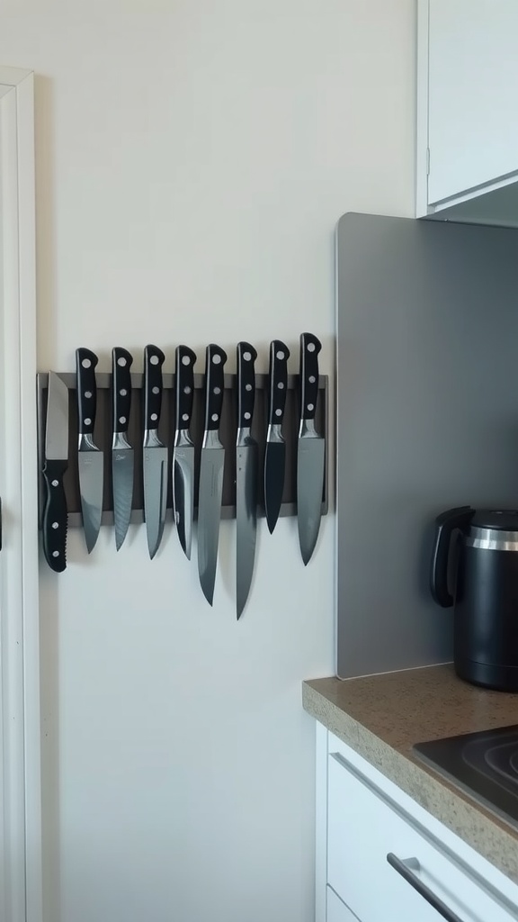 A magnetic knife strip mounted on a wall holding several kitchen knives.