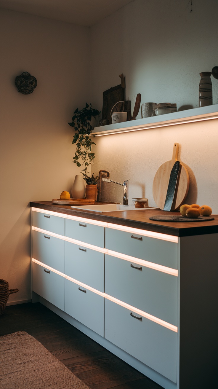 A small kitchen with under-cabinet lighting, showcasing sleek cabinetry and warm tones.