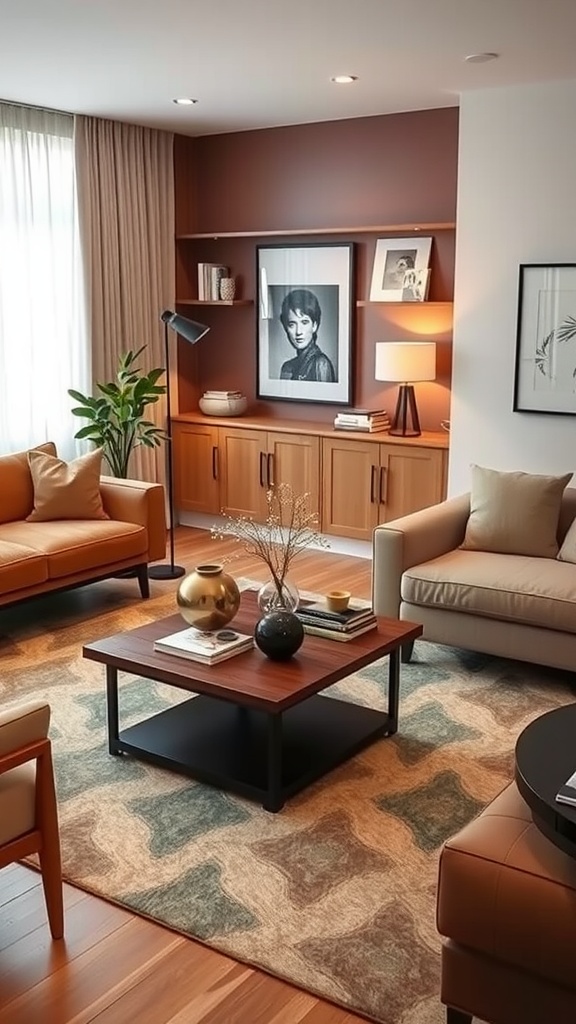 A cozy living room featuring a stylish coffee table with decorative items, surrounded by comfortable seating.
