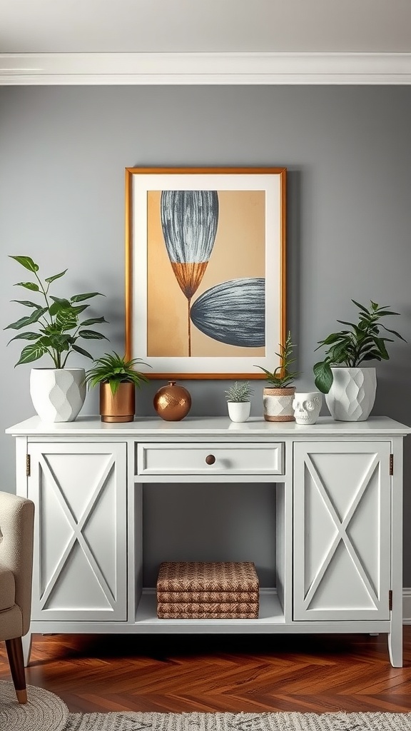 A stylish console table with plants, decorative items, and a piece of artwork above it, set against a gray wall.