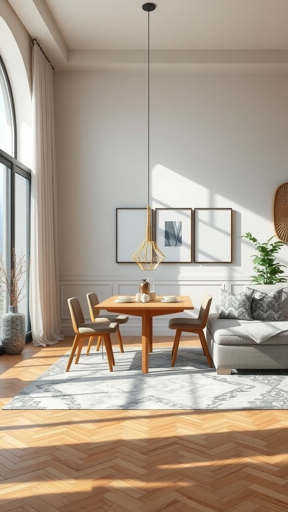 A bright living room dining room combo featuring a wooden dining table, beige chairs, and a cozy sofa, complemented by natural light and decor.