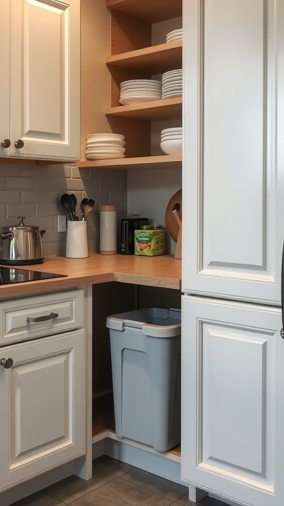 A small kitchen with a hidden trash bin integrated into the cabinetry.