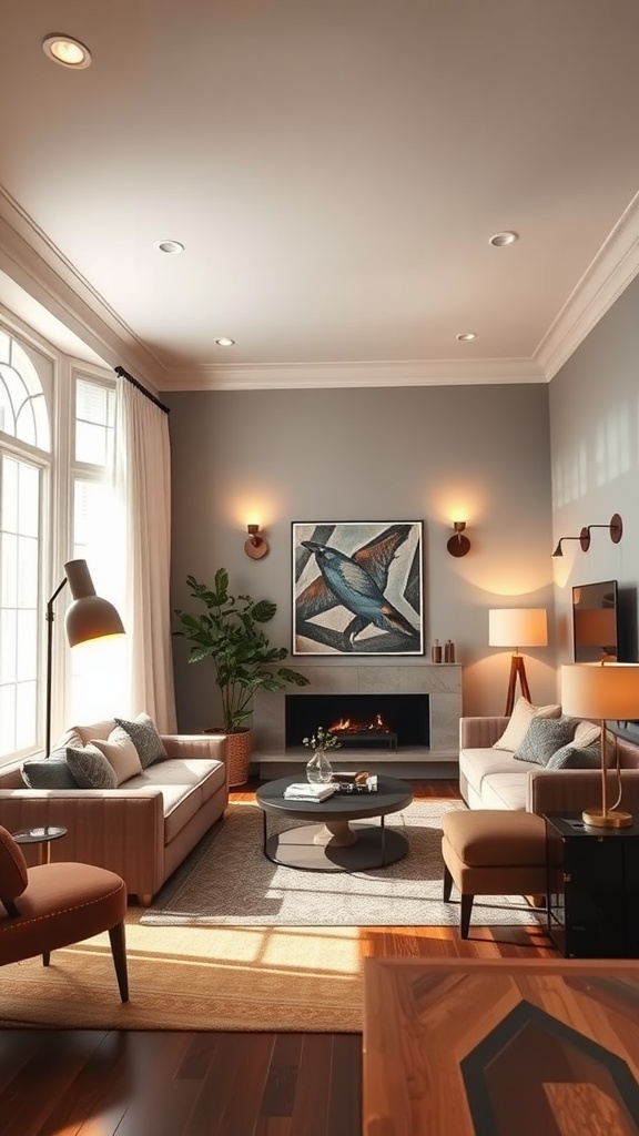 A cozy living room with natural and artificial lighting, featuring two sofas, a coffee table, and a fireplace.