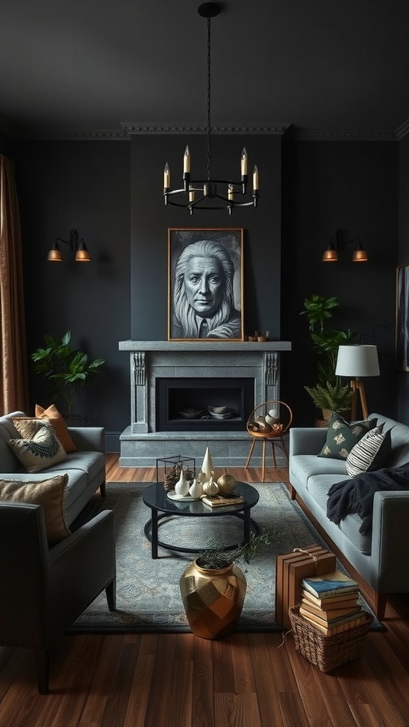 A dark boho living room featuring metallic accents, including a gold vase and a stylish chandelier.