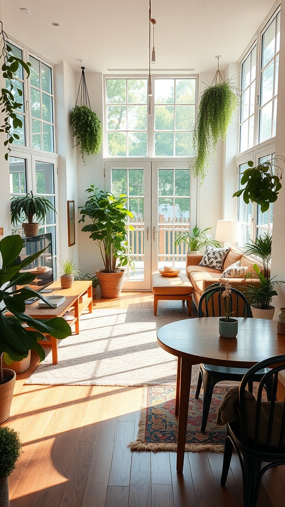 A bright and cozy living room dining room combo with large windows, hanging plants, and wooden furniture.