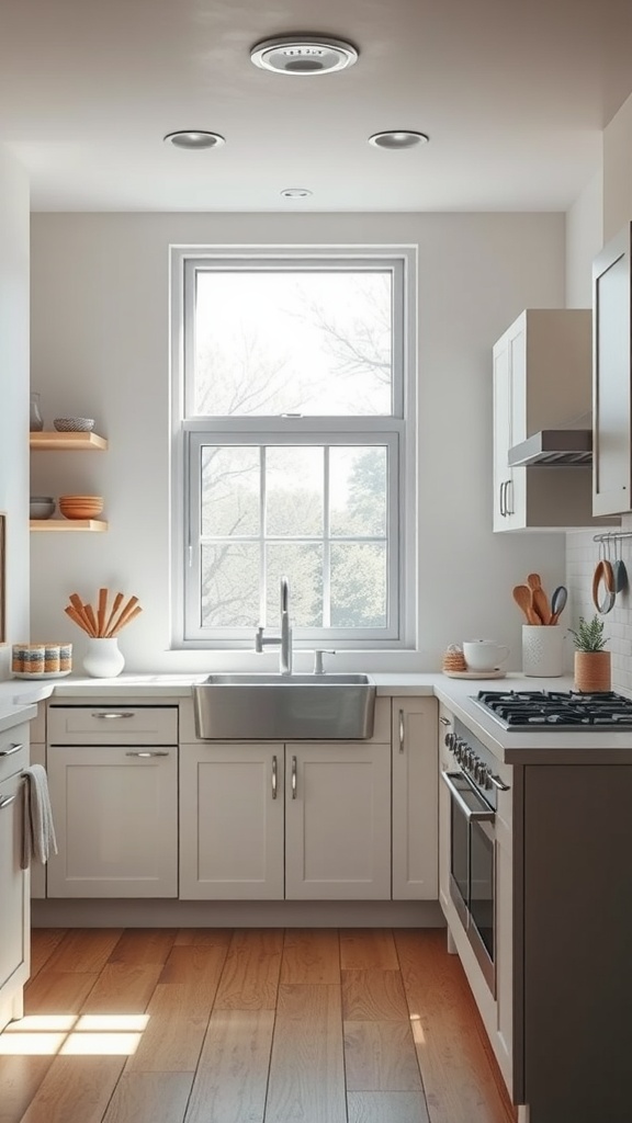 A small kitchen with a large window above the sink, allowing natural light to brighten the space.