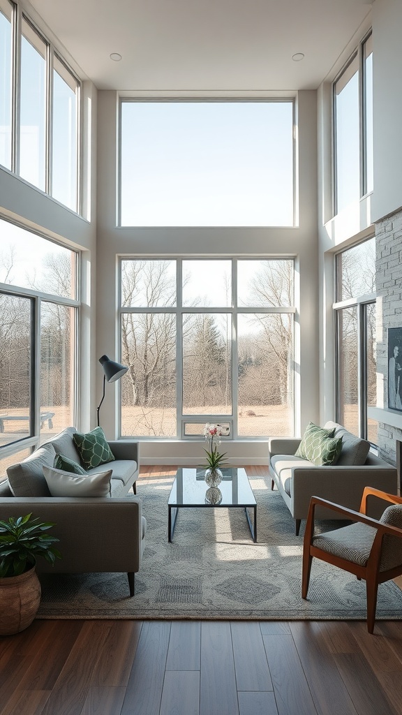 A modern living room with large windows showcasing outdoor views